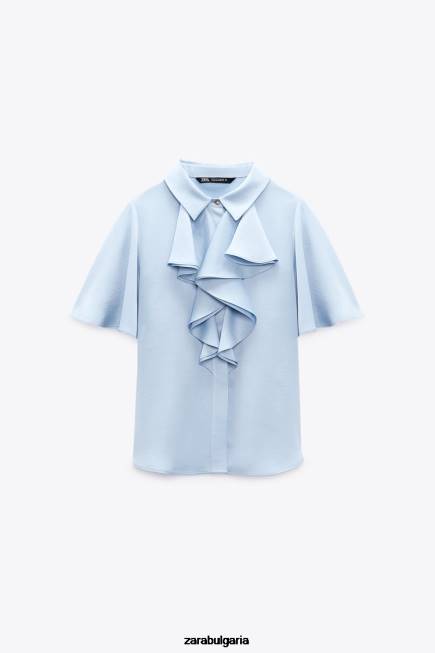 Zara облекло 66FT358 Жени риза със сатенен ефект на волани светло синьо
