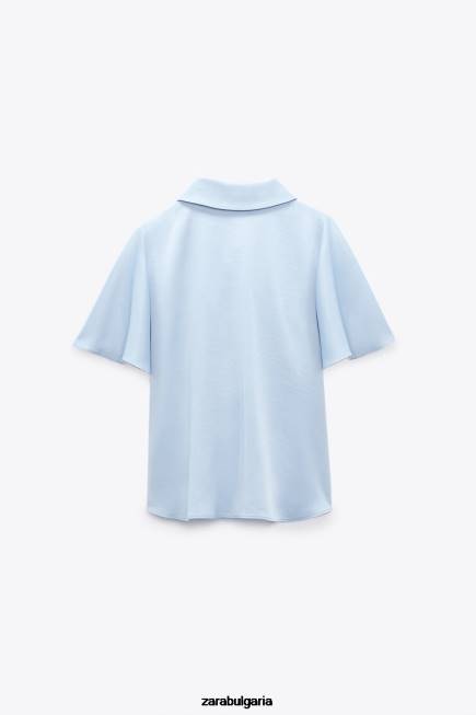Zara облекло 66FT358 Жени риза със сатенен ефект на волани светло синьо