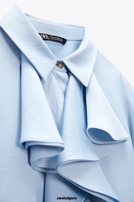 Zara облекло 66FT358 Жени риза със сатенен ефект на волани светло синьо