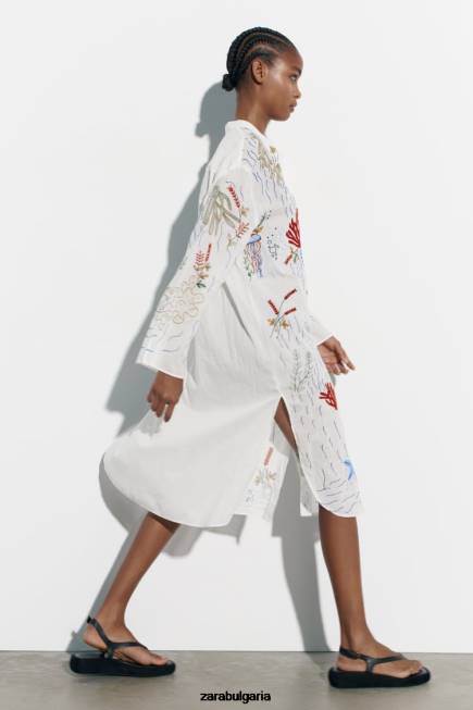 Zara облекло 66FT362 Жени дълга бродирана блуза бяла стрида
