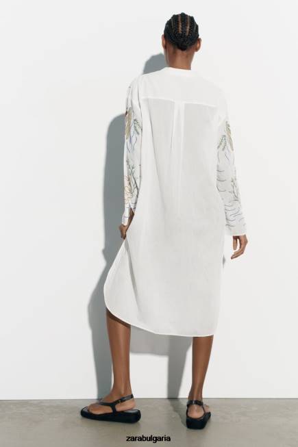 Zara облекло 66FT362 Жени дълга бродирана блуза бяла стрида