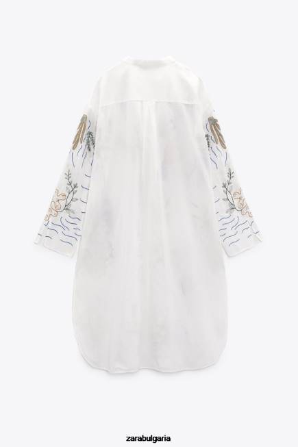Zara облекло 66FT362 Жени дълга бродирана блуза бяла стрида