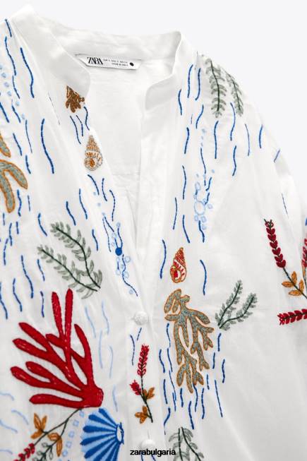 Zara облекло 66FT362 Жени дълга бродирана блуза бяла стрида