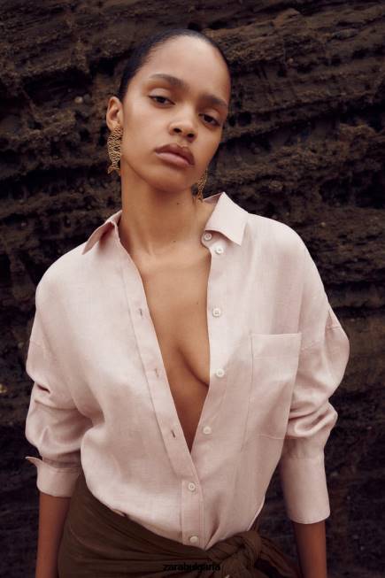 Zara облекло 66FT365 Жени Риза от 100% лен бежово/розово