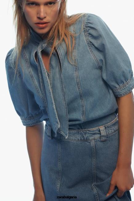 Zara облекло 66FT366 Жени z1975 вързана дънкова блуза средно синьо