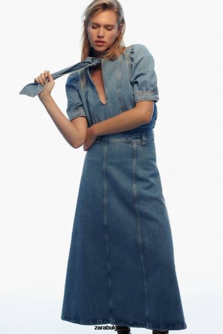 Zara облекло 66FT366 Жени z1975 вързана дънкова блуза средно синьо