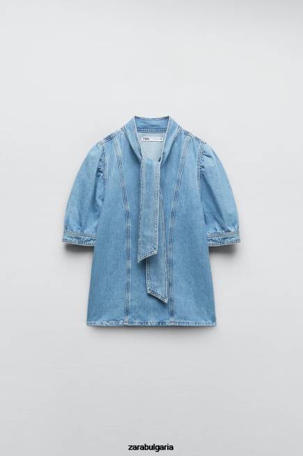 Zara облекло 66FT366 Жени z1975 вързана дънкова блуза средно синьо