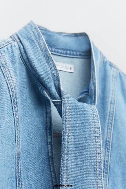 Zara облекло 66FT366 Жени z1975 вързана дънкова блуза средно синьо
