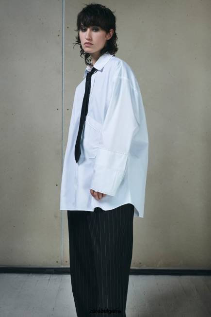 Zara облекло 66FT368 Жени голяма риза с асиметричен джоб бяло