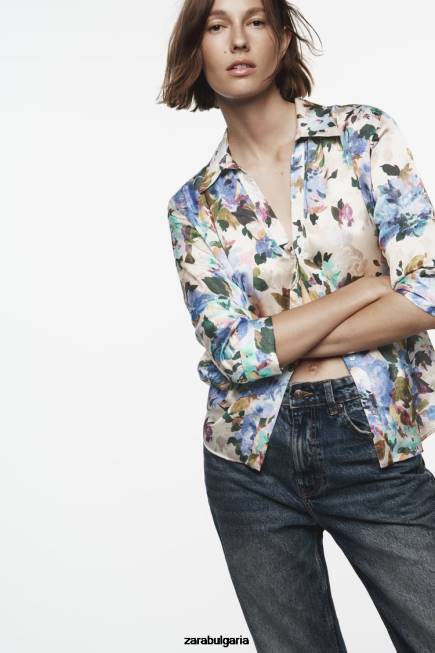 Zara облекло 66FT372 Жени сатенена риза с флорален принт екрю/зелено