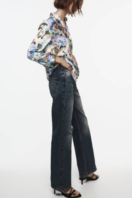 Zara облекло 66FT372 Жени сатенена риза с флорален принт екрю/зелено