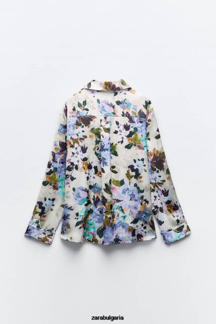 Zara облекло 66FT372 Жени сатенена риза с флорален принт екрю/зелено