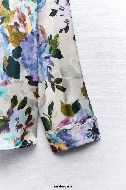 Zara облекло 66FT372 Жени сатенена риза с флорален принт екрю/зелено