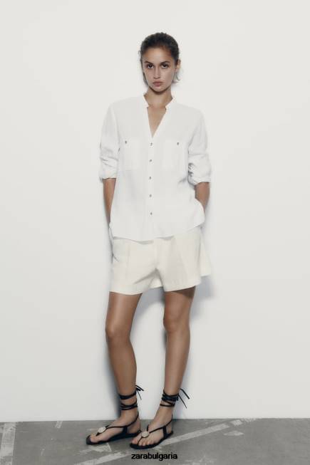 Zara облекло 66FT374 Жени ленена смесена риза с ръкави бяло