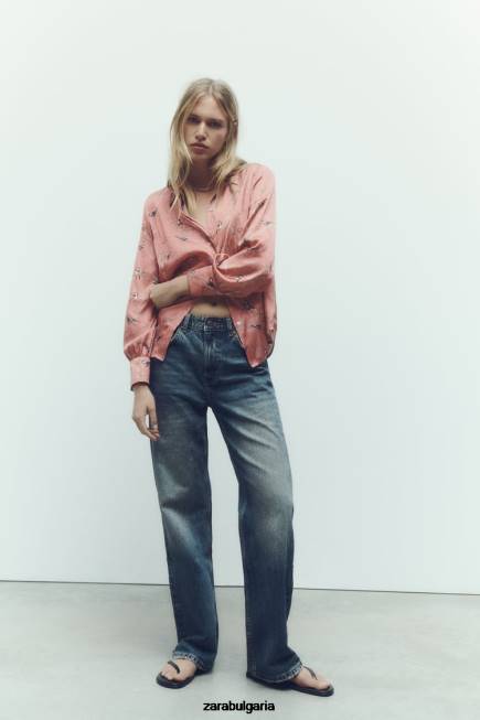 Zara облекло 66FT375 Жени сатенена риза с щампа многоцветен