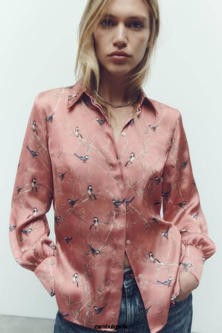 Zara облекло 66FT375 Жени сатенена риза с щампа многоцветен