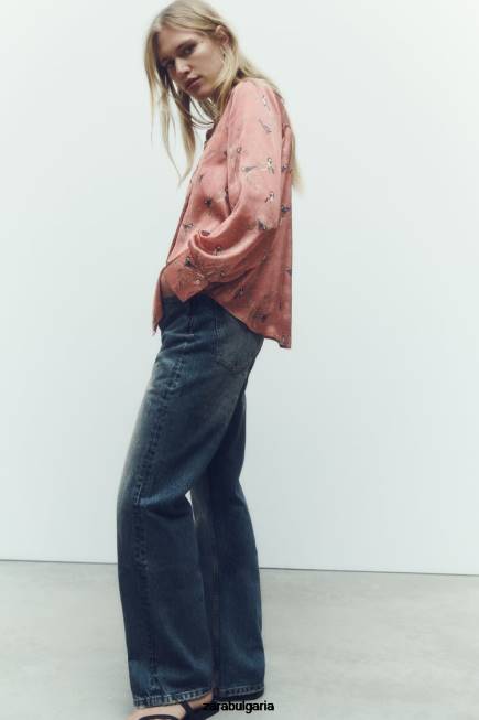 Zara облекло 66FT375 Жени сатенена риза с щампа многоцветен