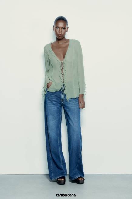 Zara облекло 66FT376 Жени полупрозрачна блуза с волани морско зелено