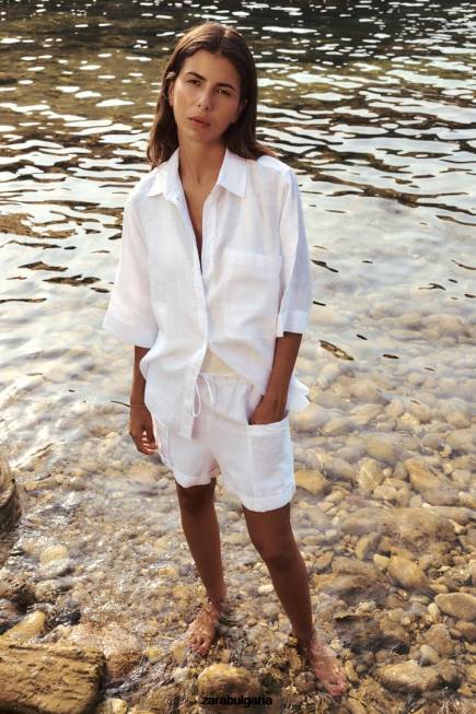 Zara облекло 66FT377 Жени ленена риза с джобове бяла стрида