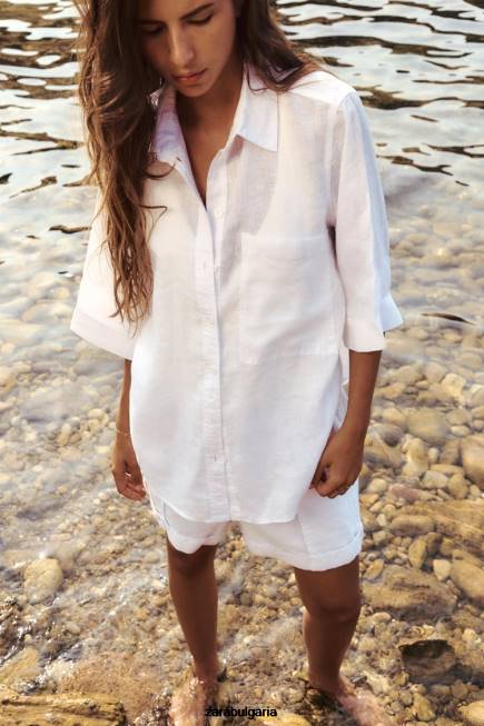 Zara облекло 66FT377 Жени ленена риза с джобове бяла стрида