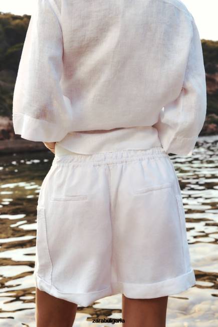 Zara облекло 66FT377 Жени ленена риза с джобове бяла стрида