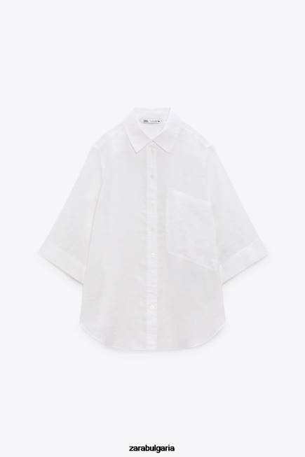Zara облекло 66FT377 Жени ленена риза с джобове бяла стрида