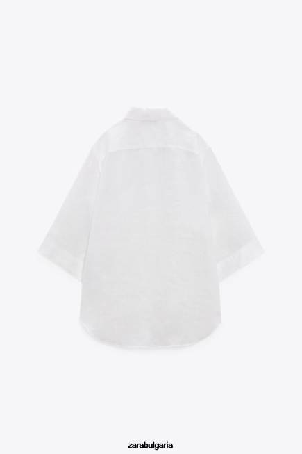 Zara облекло 66FT377 Жени ленена риза с джобове бяла стрида
