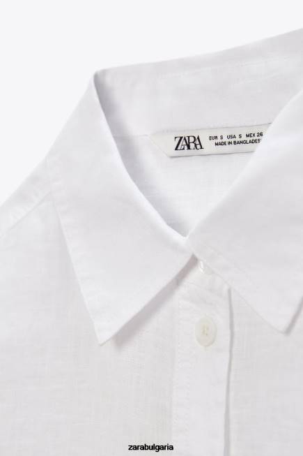 Zara облекло 66FT377 Жени ленена риза с джобове бяла стрида