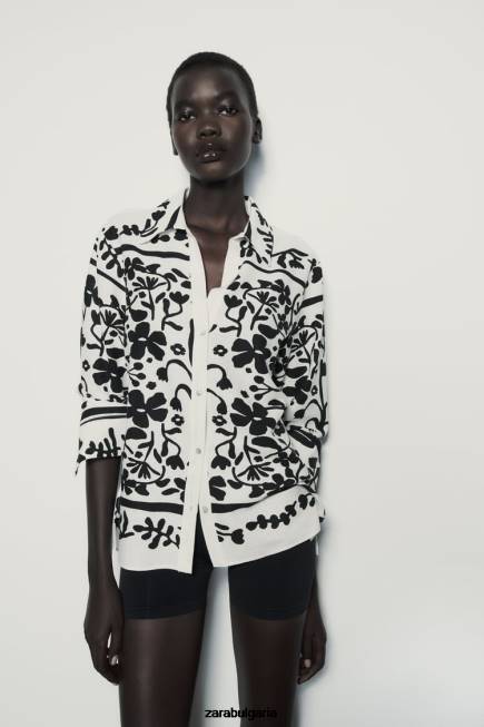 Zara облекло 66FT378 Жени риза от смесен лен с принт екрю/черно