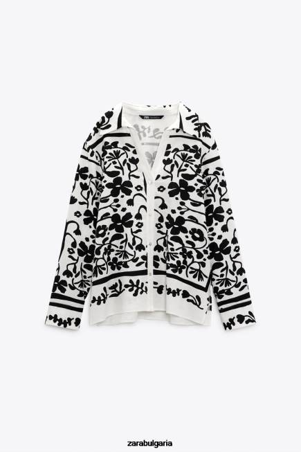 Zara облекло 66FT378 Жени риза от смесен лен с принт екрю/черно