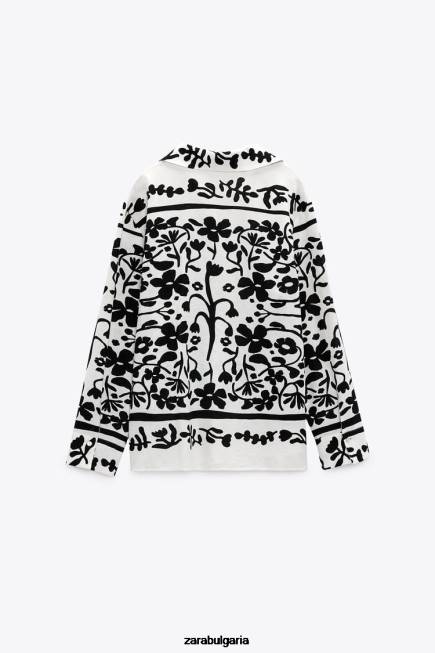 Zara облекло 66FT378 Жени риза от смесен лен с принт екрю/черно