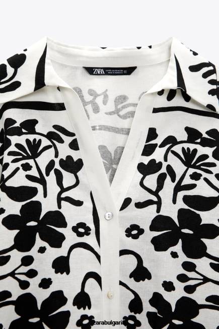 Zara облекло 66FT378 Жени риза от смесен лен с принт екрю/черно