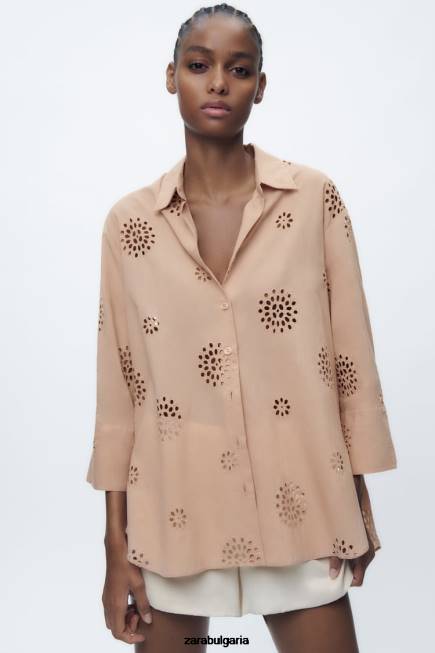 Zara облекло 66FT379 Жени ажурна бродирана риза бежово/розово