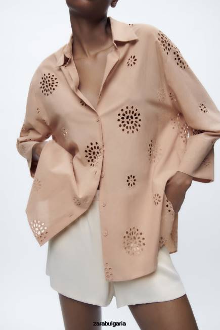 Zara облекло 66FT379 Жени ажурна бродирана риза бежово/розово