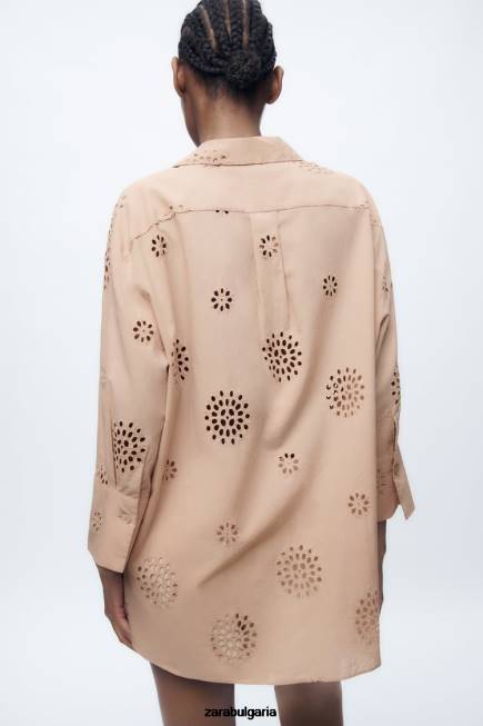 Zara облекло 66FT379 Жени ажурна бродирана риза бежово/розово