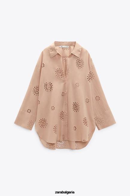 Zara облекло 66FT379 Жени ажурна бродирана риза бежово/розово