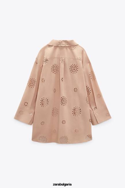 Zara облекло 66FT379 Жени ажурна бродирана риза бежово/розово