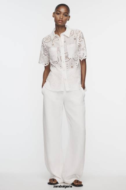 Zara облекло 66FT380 Жени ажурна бродирана риза бяла стрида