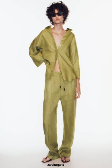 Zara облекло 66FT383 Жени ленена риза с широки ръкави маслинено зелено