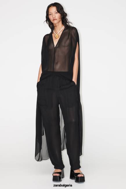 Zara облекло 66FT385 Жени полупрозрачна дълга блуза черен