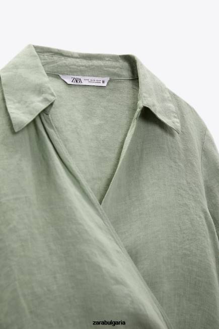 Zara облекло 66FT387 Жени вързана ленена риза светло каки