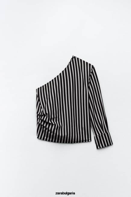 Zara облекло 66FT389 Жени раирана асиметрична риза бяло/морско синьо