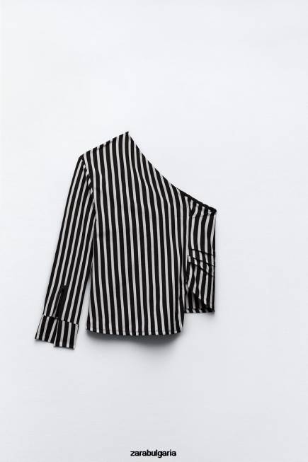 Zara облекло 66FT389 Жени раирана асиметрична риза бяло/морско синьо