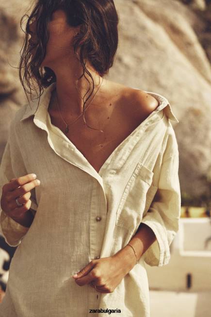 Zara облекло 66FT391 Жени ленена риза с джобове пастелно жълто