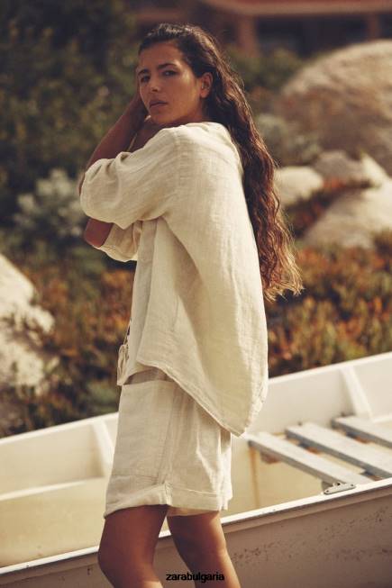 Zara облекло 66FT391 Жени ленена риза с джобове пастелно жълто