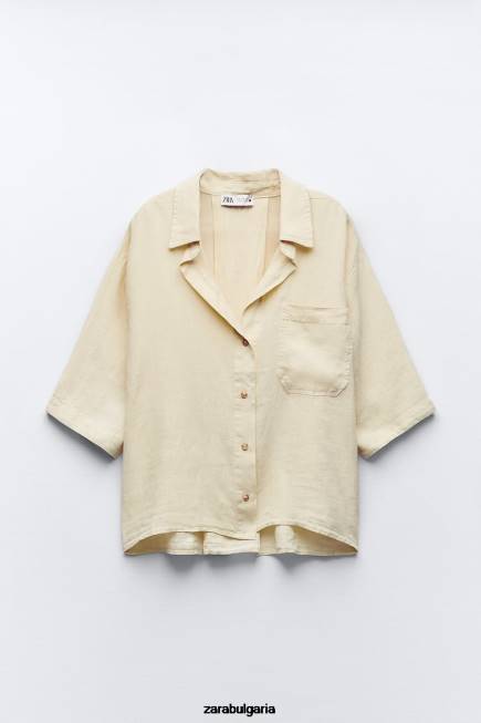Zara облекло 66FT391 Жени ленена риза с джобове пастелно жълто