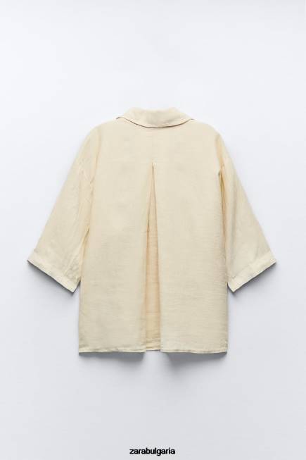 Zara облекло 66FT391 Жени ленена риза с джобове пастелно жълто