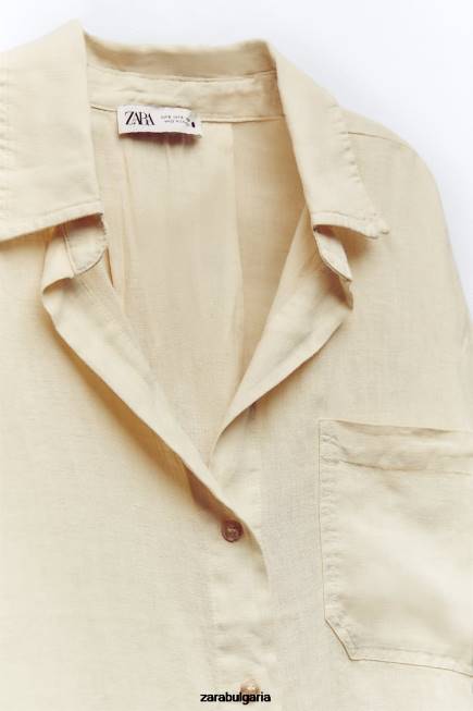 Zara облекло 66FT391 Жени ленена риза с джобове пастелно жълто
