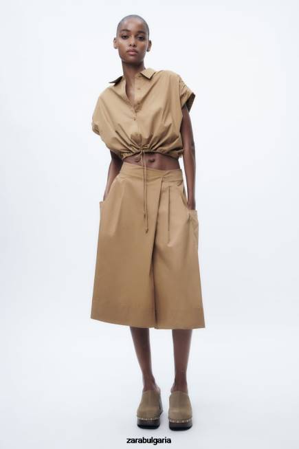 Zara облекло 66FT392 Жени изрязана риза от поплин тъмнокафяво