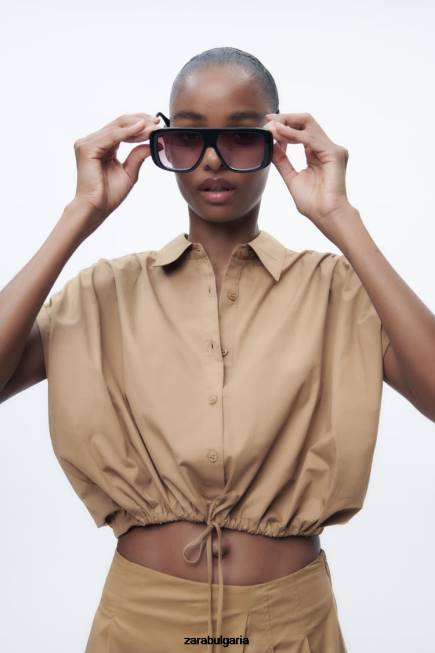 Zara облекло 66FT392 Жени изрязана риза от поплин тъмнокафяво